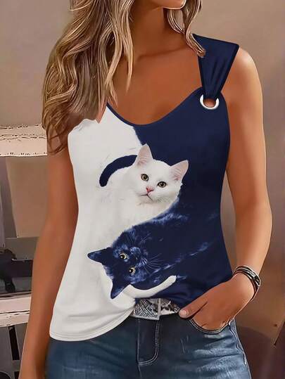 Áo ba lỗ họa tiết mèo Colorblock dành cho nữ mùa hè thường ngày