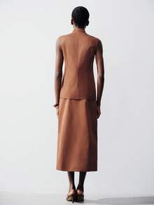 Aveloria Modichic Women's Elegant Suit Set Shades Of Brown,Summer,Casual,Bissness Office Attire Shawl Lapel Metal Button Leather Belt Slit Skirt Slim Fit Tailored Set - Brown - View 3