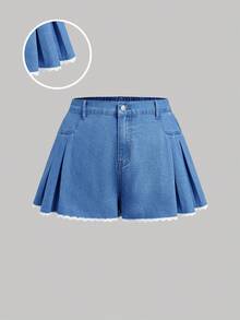 SHEIN MOD 大码夏季休闲蕾丝边褶皱牛仔短裤 - 中等水洗藍 - 查看 2