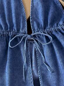 Comfortcana Áo tank top denim cổ yếm dành cho nữ - Rửa tối - Xem 3