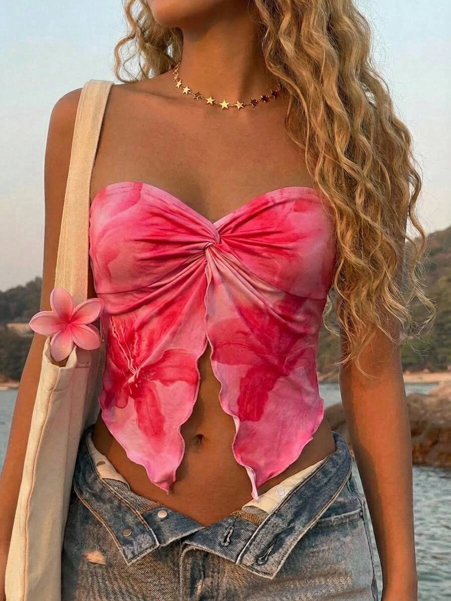 Áo hai dây/áo tank top mùa hè cho bé gái và thiếu nữ, họa tiết hoa nhiệt đới, viền xoắn, thích hợp cho kỳ nghỉ xuân/hè, ngày Valentine, tiệc trà chiều, phong cách đường phố, mặc nhiều lớp hoặc dự tiệc. Áo mùa hè cho nữ, trang phục mùa xuân cho nữ, áo nữ cho mùa hè. - Màu Hồng Tươi - Xem 1