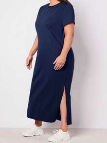 EMERY ROSE 大码女式纯色圆领短袖休闲连衣裙 - 藏蓝色 - 查看 4