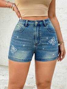 Rivivi Bow Tie Rhinestone Washed Casual Denim Shorts - Medium Wash - View 4