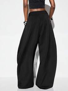 Aveloria GENKIRA Pantalones harem con volantes, decoración de cinturón metálico plateado de gran tamaño en los ojos, estilo de vanguardia mixto de uso casual, para ir al trabajo, fiesta - Negro - Ver 2