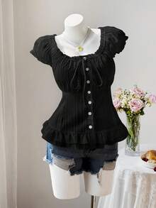 Sweetra 可爱休闲花瓣袖收腰纽扣短袖夏季衬衫 - 黑色 - 查看 5