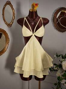 Amplova Women's Solid Color Spaghetti Strap Hollow Back Criss-Cross Ruffled Hem Mini Dress, Fashionable Summer,Summer Dresses For Women - Apricot - View 3