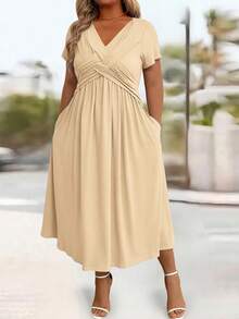 EMERY ROSE Plus Size Casual Solid Color V-Neck Cinched Waist Slant Pocket Sundress For Summer, For Thanksgiving Maxi Women Outfit - Apricot - View 5