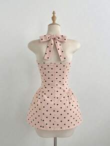 Flirla Damen Leicht Grau Polka Punkt Schleifen Kurzes Kleid - Babypink - Übersicht 2