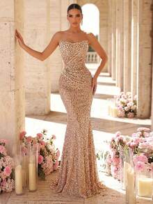 Glamrae Đầm dạ hội dáng đuôi cá sang trọng, đính cườm và sequin, xếp ly, thích hợp cho đám cưới, tiệc tùng, kỳ nghỉ, dạ hội và các dịp trang trọng (đính kết rất cầu kỳ). - Bụi hồng - Xem 1