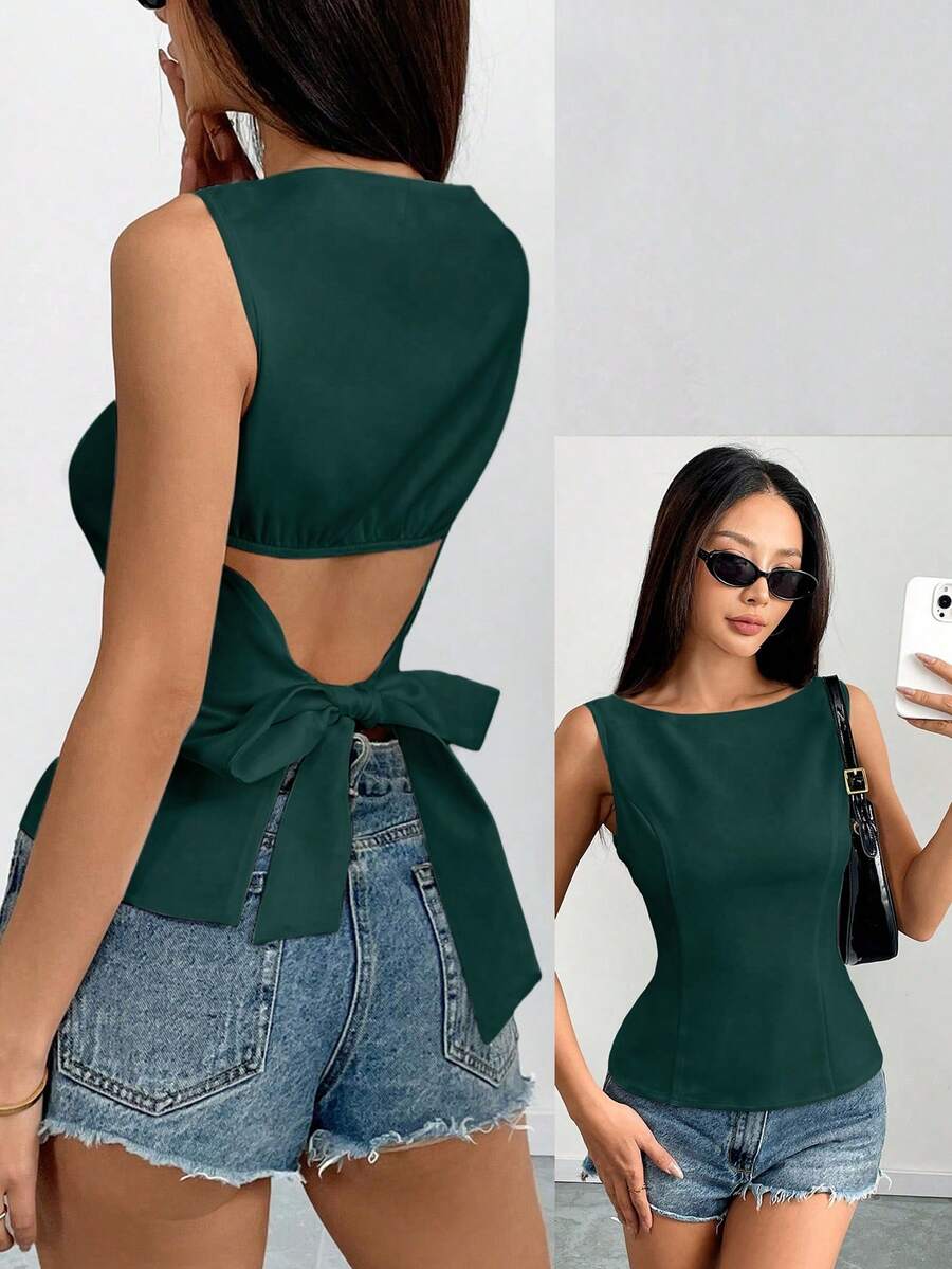 Pariaura Dark Green,Summer,Elegant,Night Out Backless Tie-Up Bow Sleeveless Shirt, Minimalist Office Business Wear,Spring Summer Classy Tops For Women - Dark Green - View 1