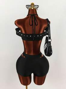 Amplova 2026新款性感铆钉女士套装，适合音乐节和派对 - 黑色 - 查看 2