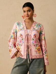 Travachic Áo sơ mi dài tay cổ chữ V in hoa cỡ lớn, thắt nơ phía trước, kiểu dáng thường ngày, thích hợp cho kỳ nghỉ. - Nhiều màu - Xem 5