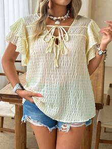 Ceyna Plus Size Women's V-Neck Tie-Up Ruffle Sleeve Casual Blouse,Yellow Boho Summer Vacation Holiday Tops - Light Yellow - View 3