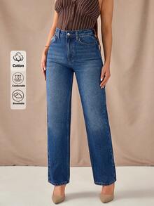 High Waist Straight Leg Washed Blue Woman Casual Style Button Front Denim Jean - Medium Wash - View 5