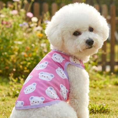PETSIN 1 Piece Cute Teddy Bear Head Printed Pet Vest With Color Blocking, Gentle And Breathable Pet Clothing