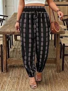 SHEIN LUNE Celana Harem Pinggang Elastis Motif Ukuran Besar, Celana Kasual untuk Liburan Musim Gugur - MultiWarna - View 7