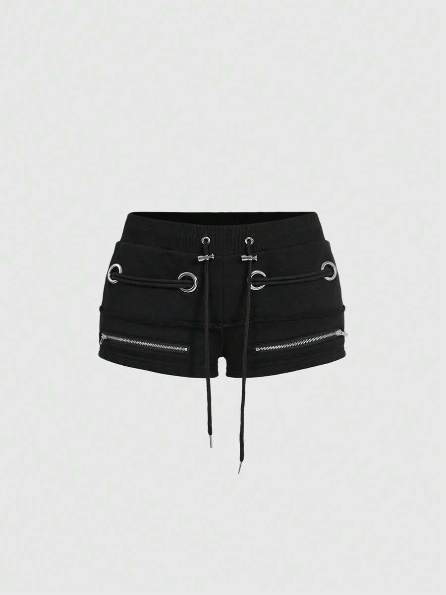 ROMWE Grunge Punk Y2K Vintage Distressed Metallic Grommet Lace-Up Super Low Rise Mini Shorts - Black - View 1
