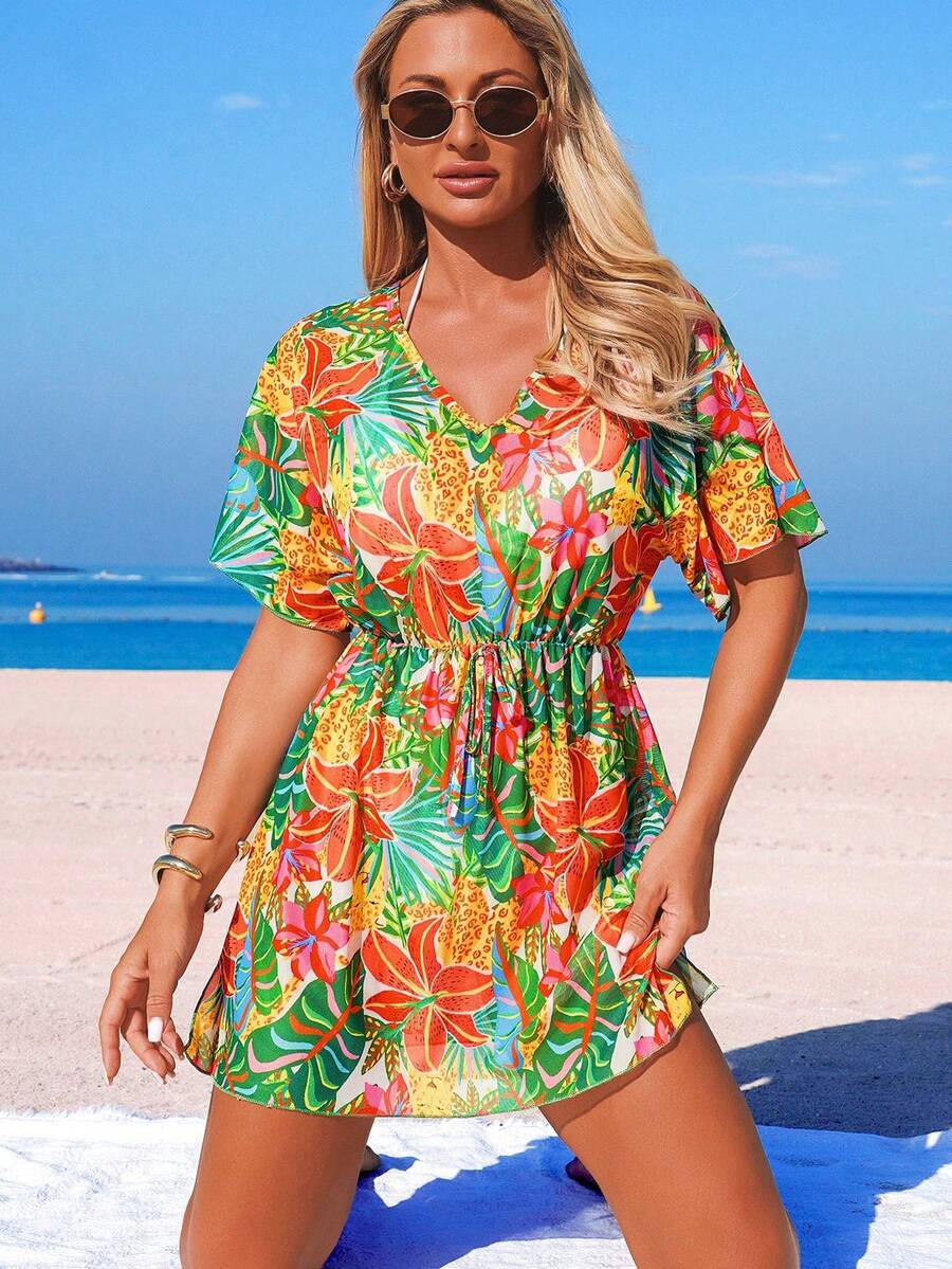 Swim Vcay 女士全印花V领沙滩罩衫短袖罩衫，春夏款 - 藍色 - 查看 1