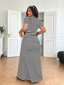 SHEIN EZwear Plus Size Women Summer Striped Short Sleeve T-Shirt And Fish Tail Skirt Casual 2 Pieces Set - Black and White - View 2