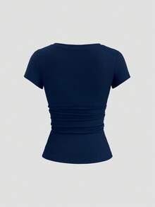 Sweetra Streetwear Wanita, Kaos Lengan Pendek 2 in 1 dengan Lubang Tali Setengah Terbuka dan Hiasan Renda, Warna Polos - Navy Blue - View 2