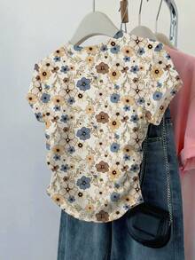 Franclia 夏季新品，户外服饰，女士T恤，收腰显瘦短袖T恤，碎花图案，优雅成熟风格，图案设计，日常休闲，户外 - 白色 - 查看 2