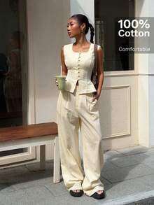 SHEIN EZwear White Woven Commuter Women's Vest & Pants Suit - Apricot - View 4