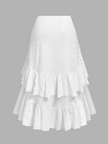 SHEIN MOD Plus Size Women White Summer Boho Beach Holiday Textured Fabric Layered Ruffle Drawstring Asymmetrical High-Low Skirt, Vintage Ruched Skirts - White - View 6