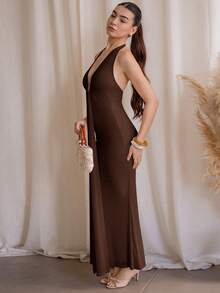 Andrea Bello Đầm maxi màu vàng kem gợi cảm cổ chữ V sâu, kiểu yếm, thanh lịch dành cho nữ, thích hợp cho mùa xuân/hè. Đầm màu nâu gợi cảm cổ yếm, đầm nâu sang trọng, dự tiệc. - Cà phê nâu - Xem 4