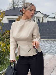 Jeta Ari Camisa de mujer de ajuste regular con diseño plisado, cuello alto, manga larga y cintura recogida, de textura de bambú vintage, elegante para ir al trabajo y uso casual, nueva colección de otoño/invierno, blusas elegantes para mujer, primavera - Albaricoque - Ver 1