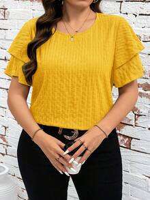 SHEIN Clasi 大码女式纯色圆领荷叶边短袖休闲衬衫 - 黃色 - 查看 1