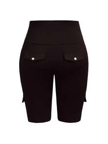 SHEIN LUNE Plus Size High Waist Fold-Over Cargo Running Shorts With Pockets, Tummy Control & Butt Lifting - Coffee Brown - View 2