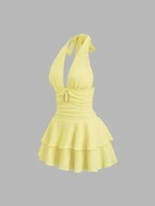 Sweetra Đầm ngắn cổ yếm xếp ly, màu nâu có họa tiết, trang nhã với khóa kim loại, phù hợp cho tiệc năm mới. - Màu vàng ngỗng - Xem 3