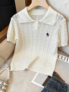 GlowEve 女士优雅绞花针织刺绣 Polo 领短袖上衣，春夏新品 - 粉色 - 查看 3