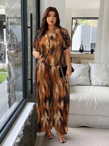 Vionelle Plus Size V-Neck Short Sleeve 2 Pieces Set For Women,Chocolate Brown,Autumn,Casual,Everyday Leopard Cheetah Print Loose Two Piece Set Luxury Dresses - Brown - View 3