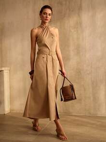 MOTF PREMIUM ELEGANT WOMEN'S CASUAL LOOSE FIT NECK TIE SLIMMING KHAKI DRESS - Khaki - View 7