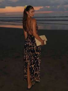 DAZY Leopard Print Waist Cinching Mid-Length Dress For Women Y2k Summer Maxi Dress Sundress - Coffee Brown - View 1