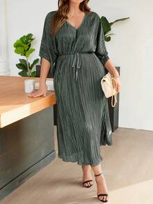 SHEIN Frenchy Đầm dài xếp ly giản dị tối giản màu đen cỡ lớn cho nữ - xanh quân đội - Xem 1