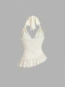 SHEIN MOD 女士提花荷叶边系领时尚百搭休闲上衣 - 杏色 - 查看 6