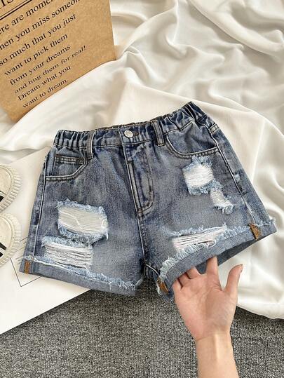 SHEIN Explorewe Girls' Distressed Denim Shorts, Summer New Design With Rolled Hem & Frayed Edges, Loose Pockets, Vintage Washed Dark Blue, Elastic Waist, Comfortable Wear