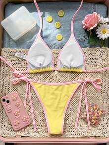 Swim Mod Women's New Solid Color Triangle Cup Bikini Set, Sexy Tie-Up Contrast Color Swimwear 2 Pieces - Yellow - View 2