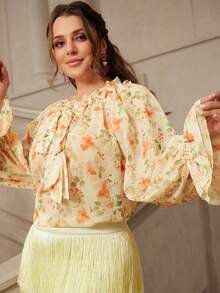 VOLUPTÉ CURVE Blusa holgada casual con estampado floral, cuello con lazo, mangas farol, adecuada para ir al trabajo, uso diario, reuniones, citas, talla grande para primavera/verano - Naranja - Ver 1