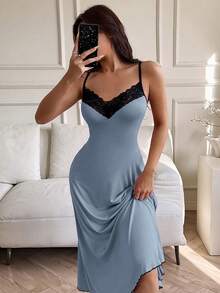 SHEIN 蕾丝边柔软舒适女士无袖长款睡裙 - 藍色 - 查看 6