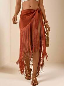 Vesra Chân váy nữ màu trơn, thắt eo, có tua rua, thích hợp cho kỳ nghỉ. - Màu nâu Sô-cô-la - Xem 1