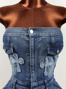 Mistrie Women's Cross Patch Frayed Denim Romper - Blue - View 3