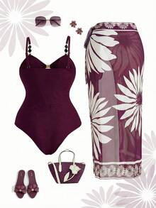 Swim Oasis Plus Size One-Piece Swimsuit Women Black Floral Print Long Dress Style - Purple - View 2