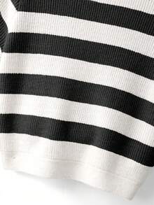 Franclia Women's Elegant Outdoor Outfit, Round Neck Striped Tie-Up Hollow-Out Knit Top, Early Spring - Black - View 5