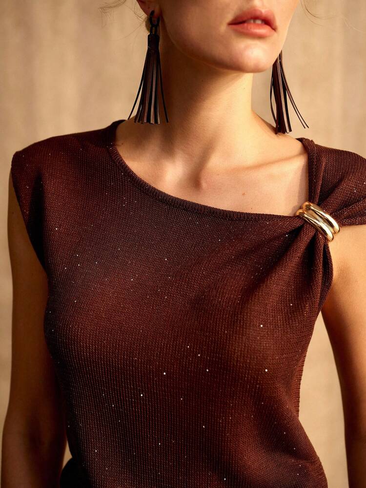 ASYMMETRICAL NECK METAL DECOR KNIT TOP