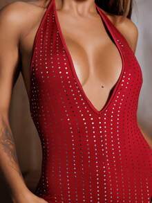 Hariany Almeida Women's Sexy Lace-Up Halter Knit Sequin Jumpsuit,  Sexy Dress For Club - Burgundy - View 4