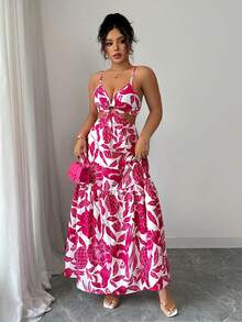 Elenzga Women's Floral Printed Waist-Cinched Maxi Dress,Red And White Summer Beach Vacation Holiday Outfits,Daily Wear Commuting Midi Dress Vacay Outfit - Hot Pink - View 4