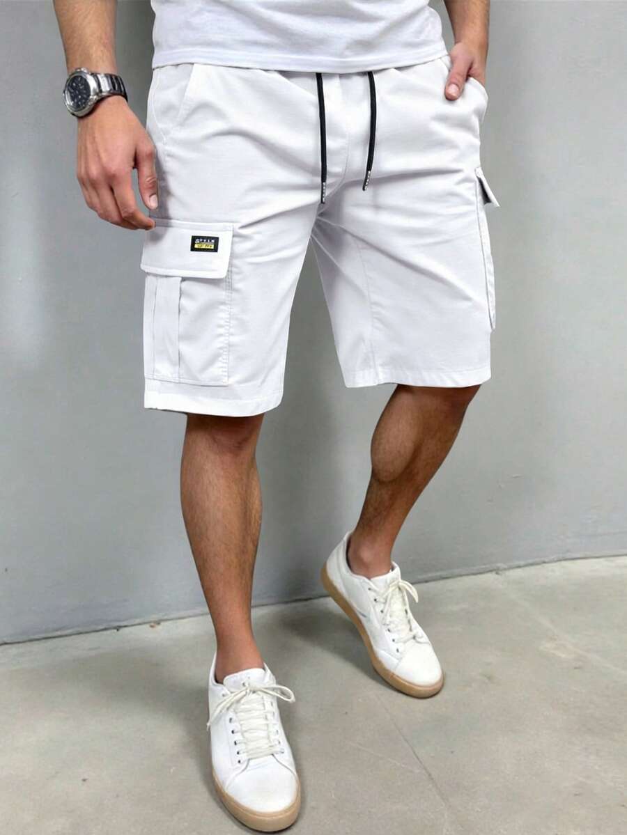 Manfinity Homme Men's Solid Color Elastic Waist Drawstring Pocket Cargo Shorts - White - View 1